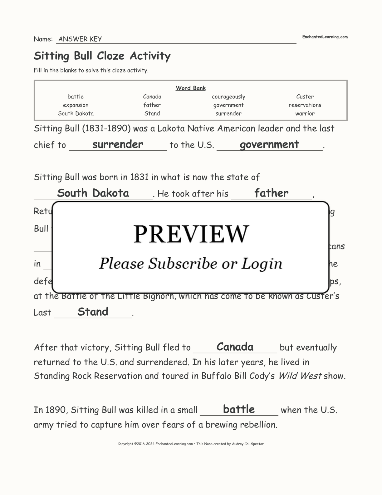 Sitting Bull Cloze Activity interactive worksheet page 2