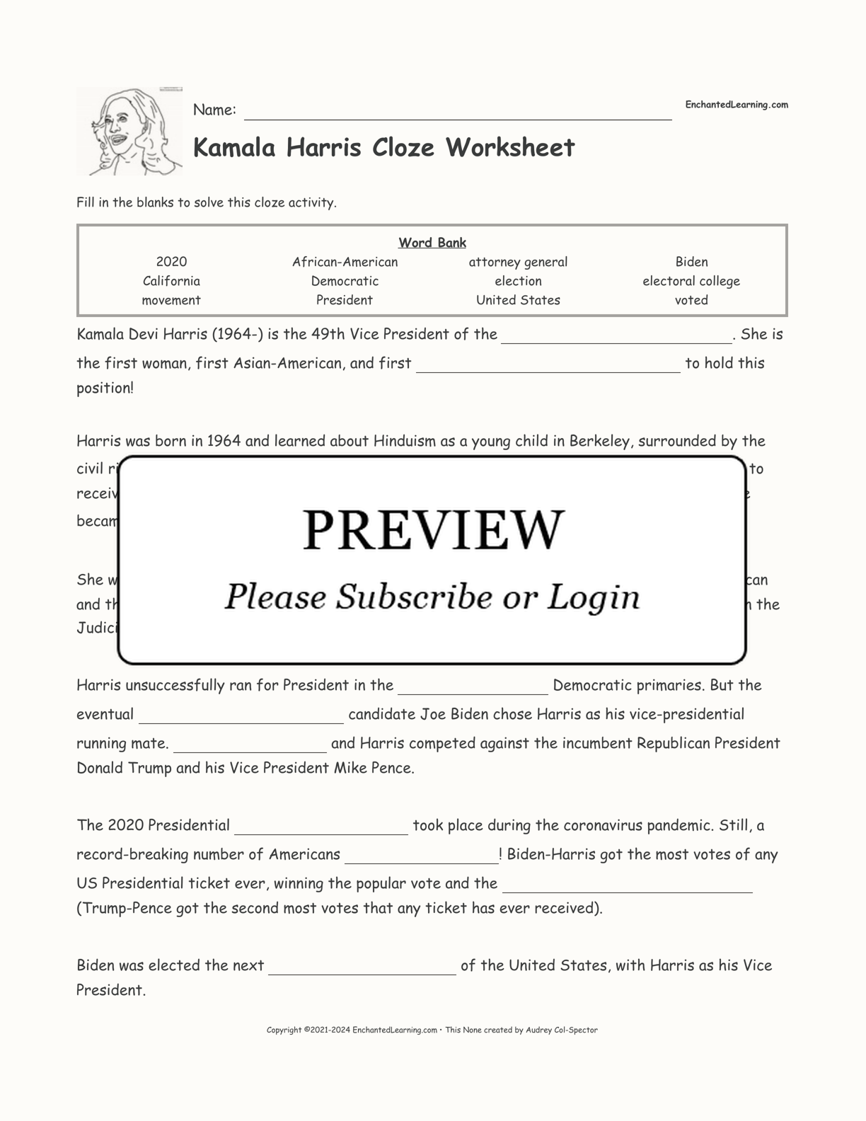 Kamala Harris Cloze Worksheet interactive worksheet page 1