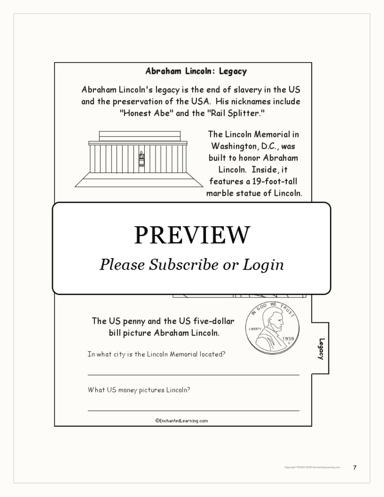 Abraham Lincoln Book interactive printout page 7