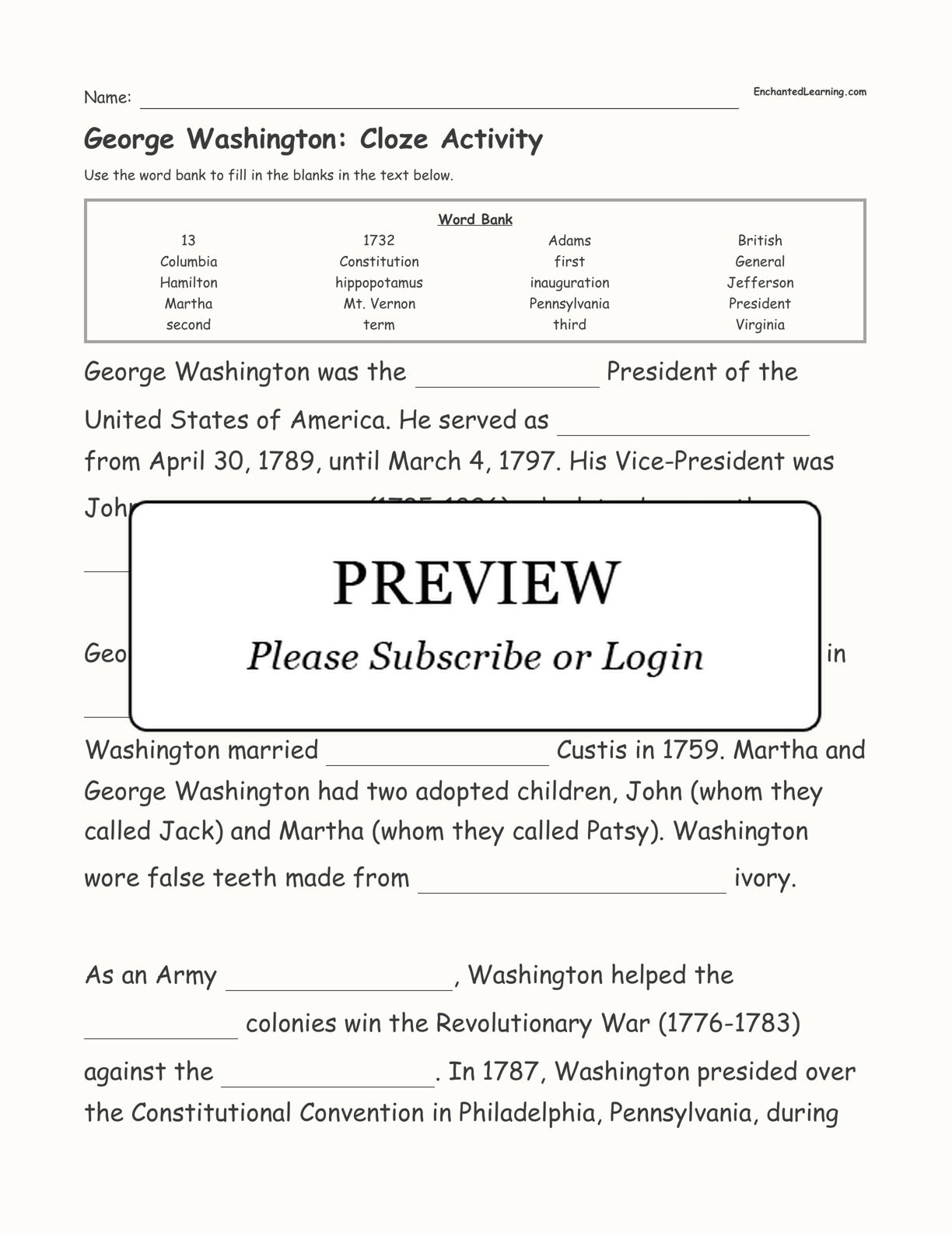 George Washington: Cloze Activity interactive worksheet page 1