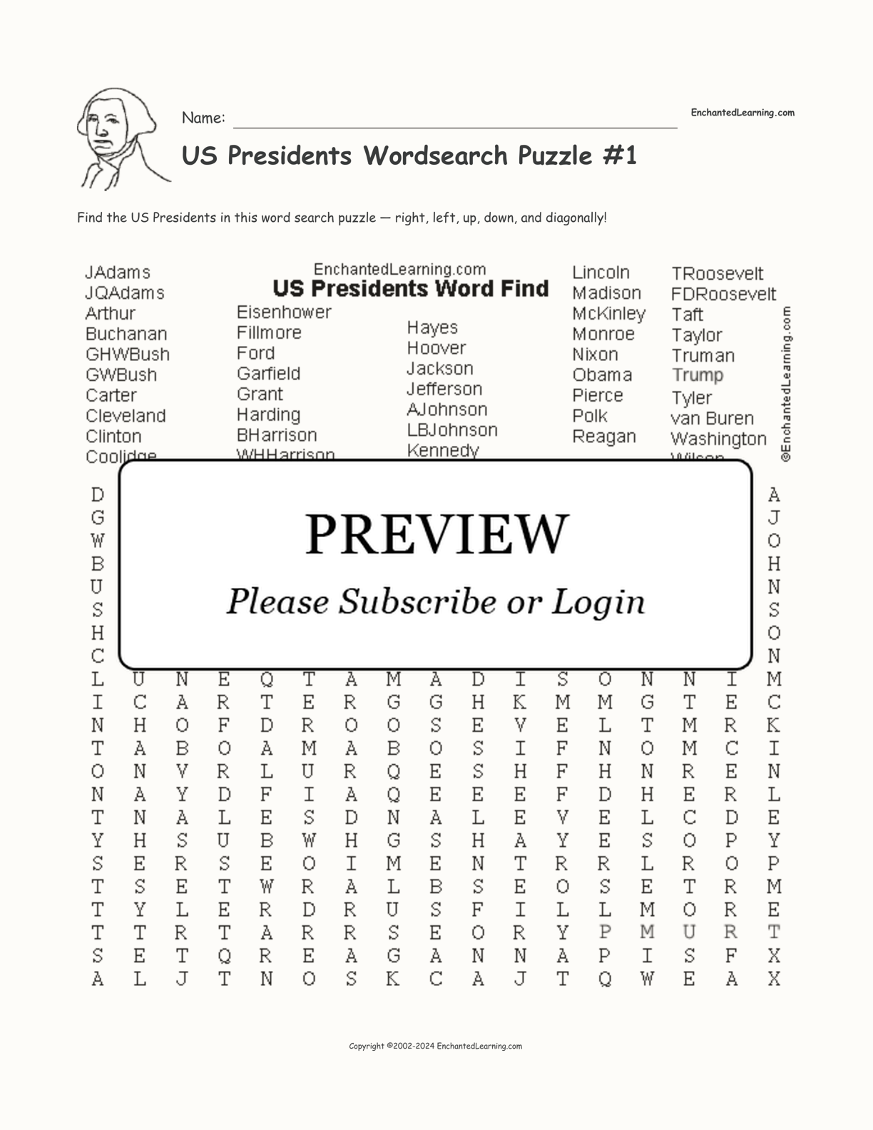 US Presidents Wordsearch Puzzle #1 interactive worksheet page 1