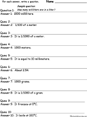 Metric Measurement Words: Write a Question for Each Answer