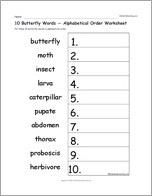 10 Butterfly Words — Alphabetical Order Worksheet