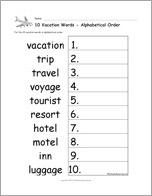 10 Vacation Words - Alphabetical Order Worksheet