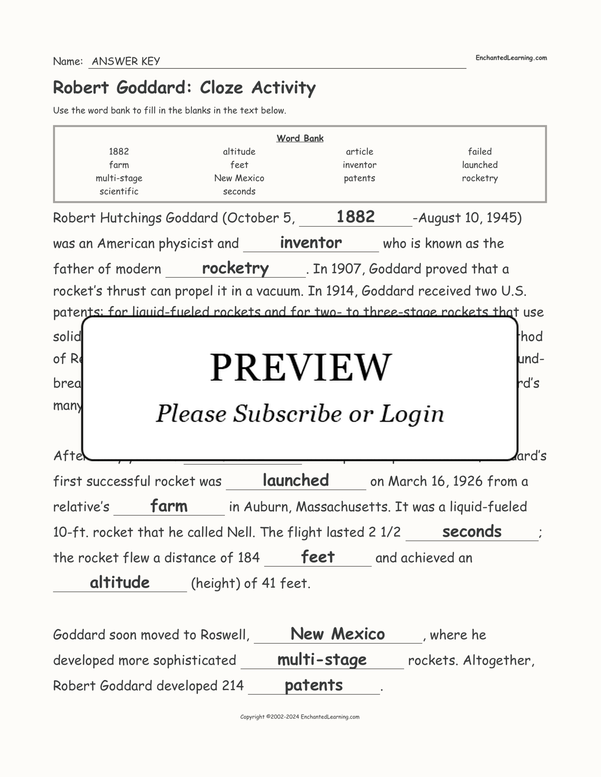 Robert Goddard: Cloze Activity interactive worksheet page 2