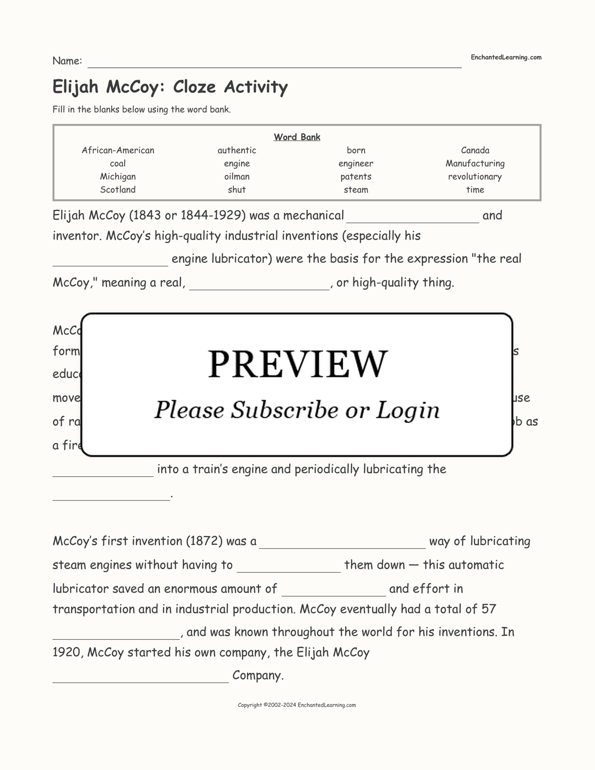 Elijah McCoy: Cloze Activity interactive worksheet page 1