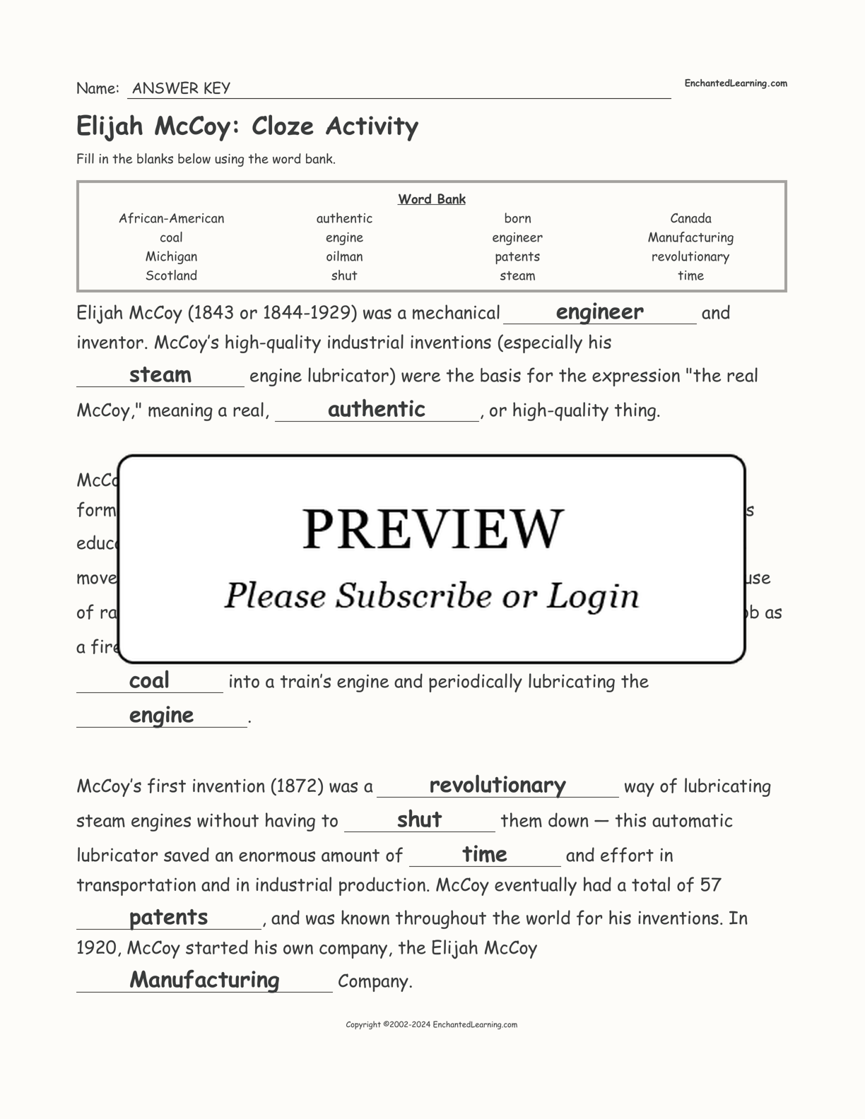 Elijah McCoy: Cloze Activity interactive worksheet page 2