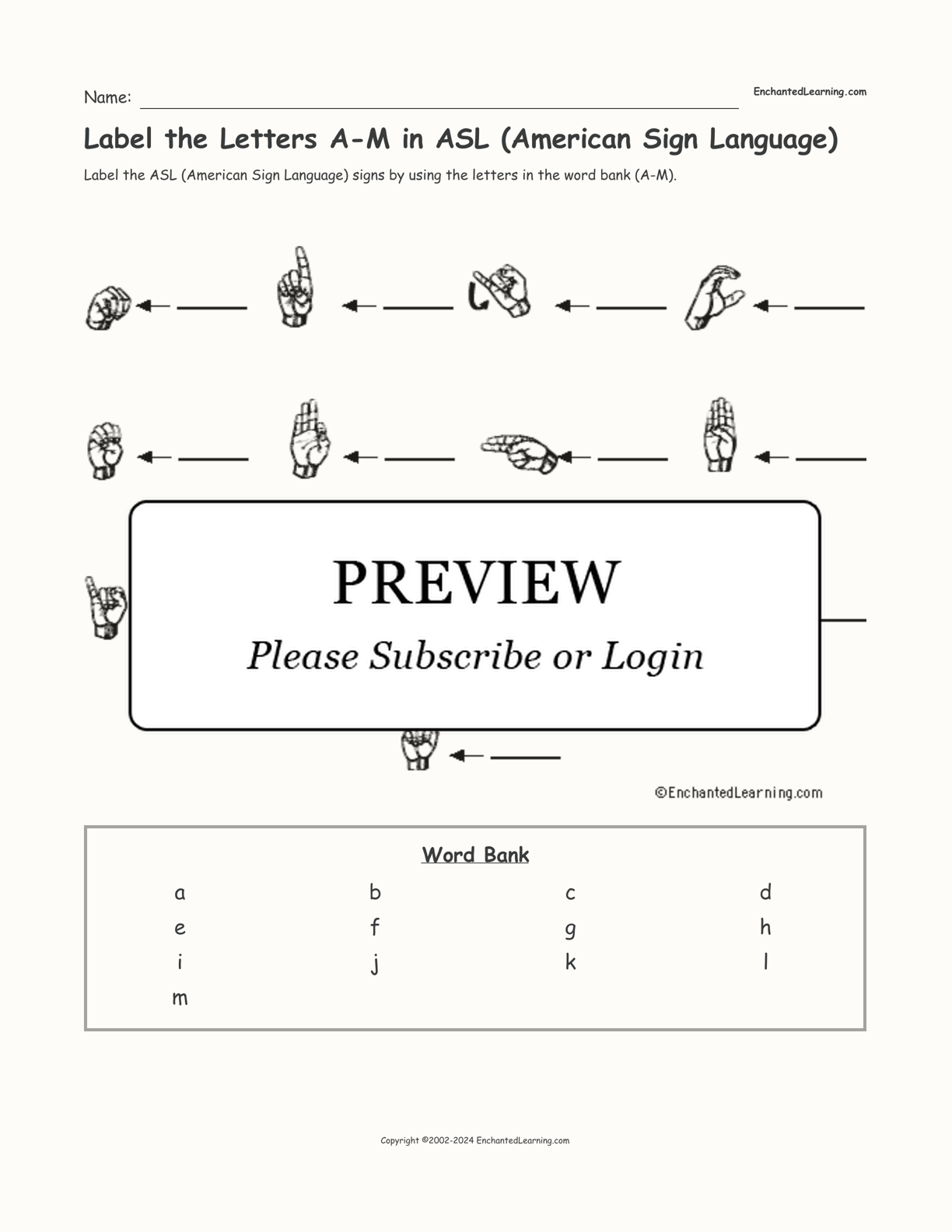 Label the Letters A-M in ASL (American Sign Language) interactive worksheet page 1
