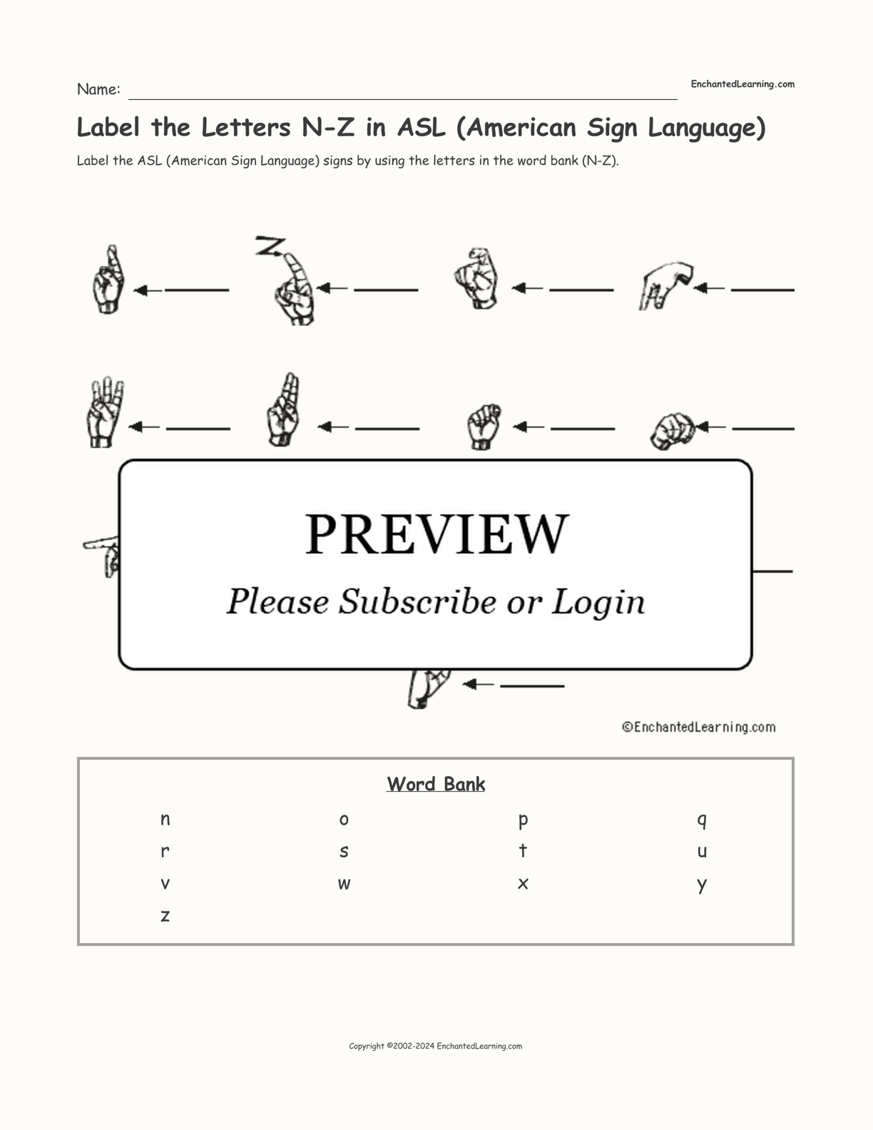 Label the Letters N-Z in ASL (American Sign Language) interactive worksheet page 1