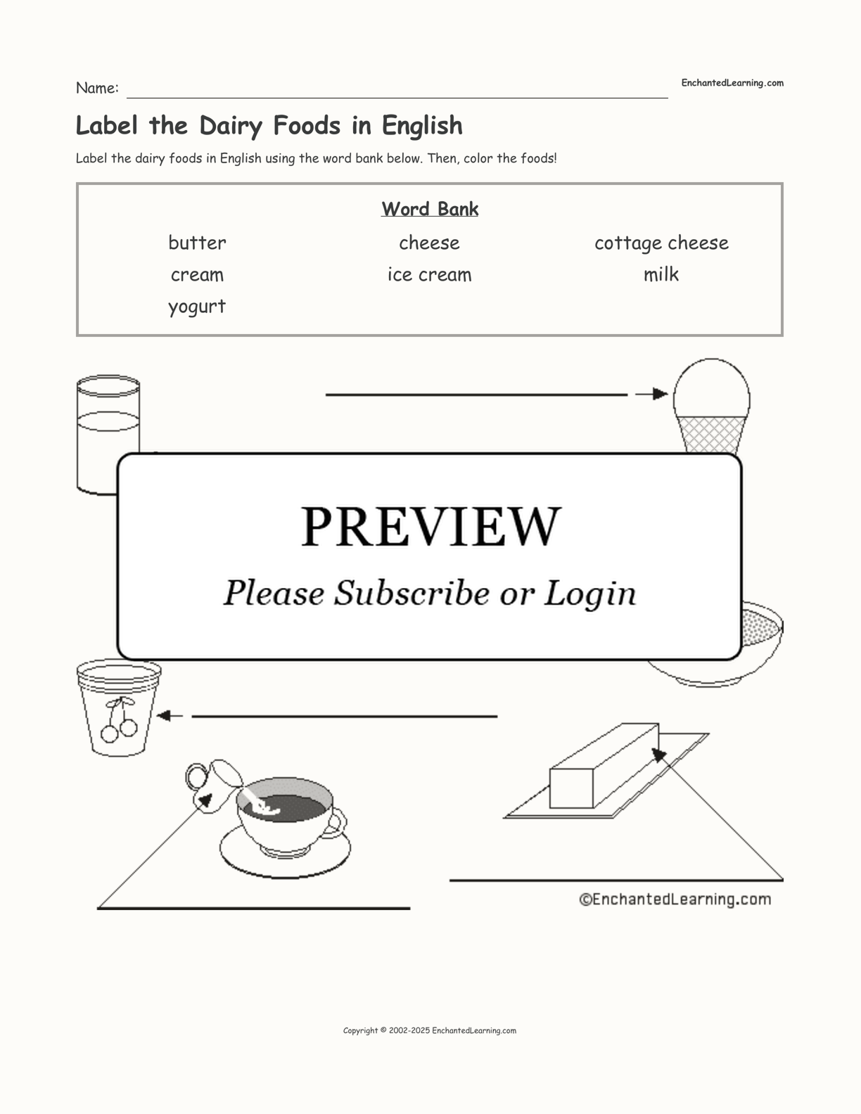 Label the Dairy Foods in English interactive worksheet page 1