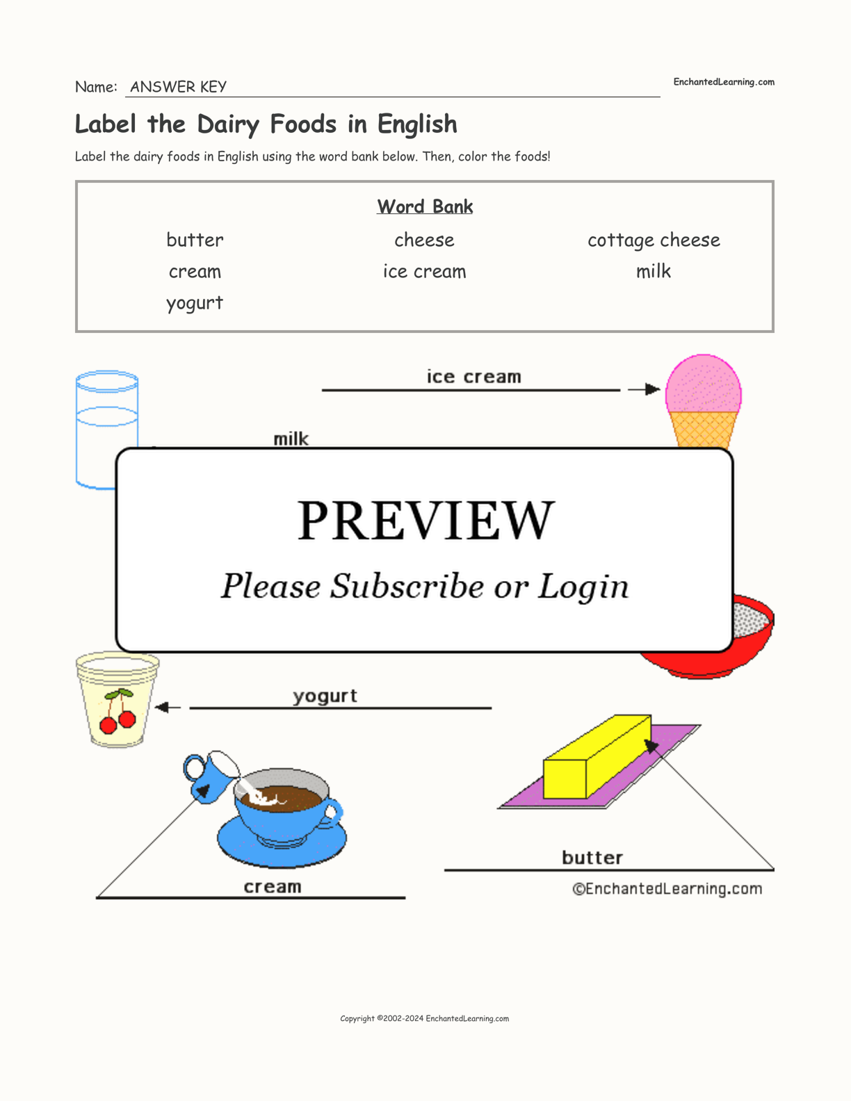 Label the Dairy Foods in English interactive worksheet page 2