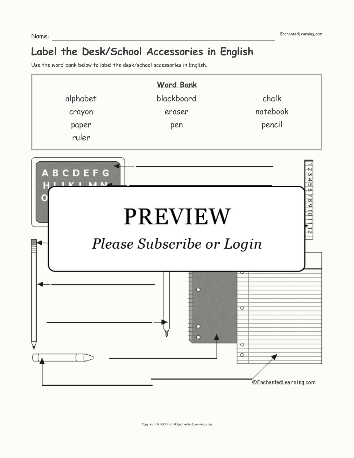 Label the Desk/School Accessories in English interactive worksheet page 1