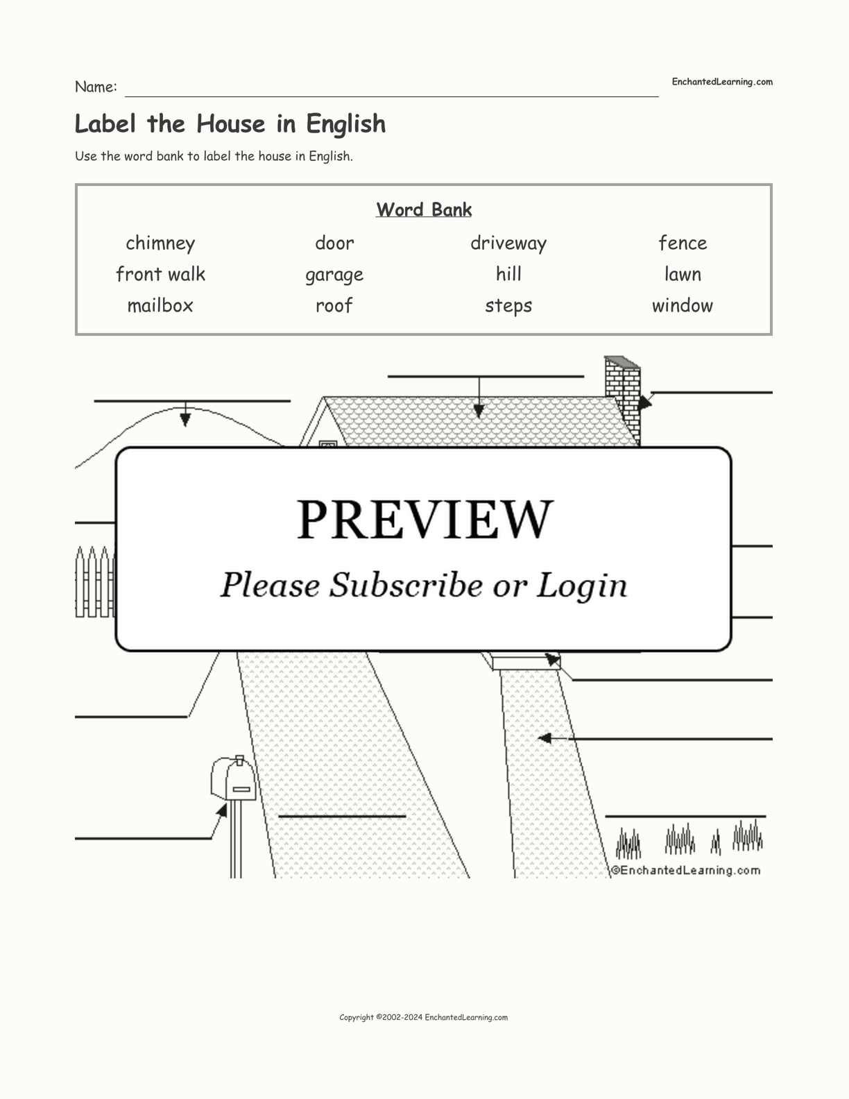 Label the House in English interactive worksheet page 1
