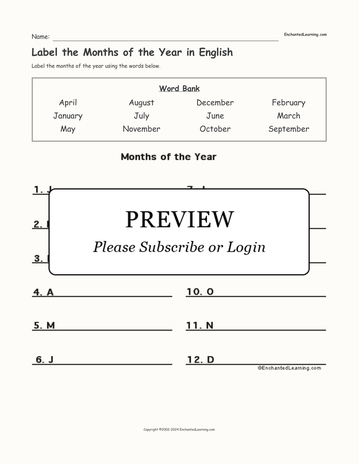 Label the Months of the Year in English interactive worksheet page 1