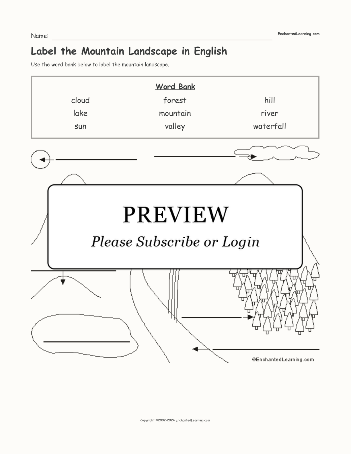 Label the Mountain Landscape in English interactive worksheet page 1
