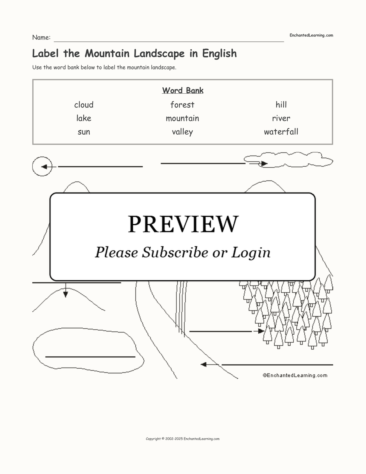 label the mountain landscape in english enchanted learning