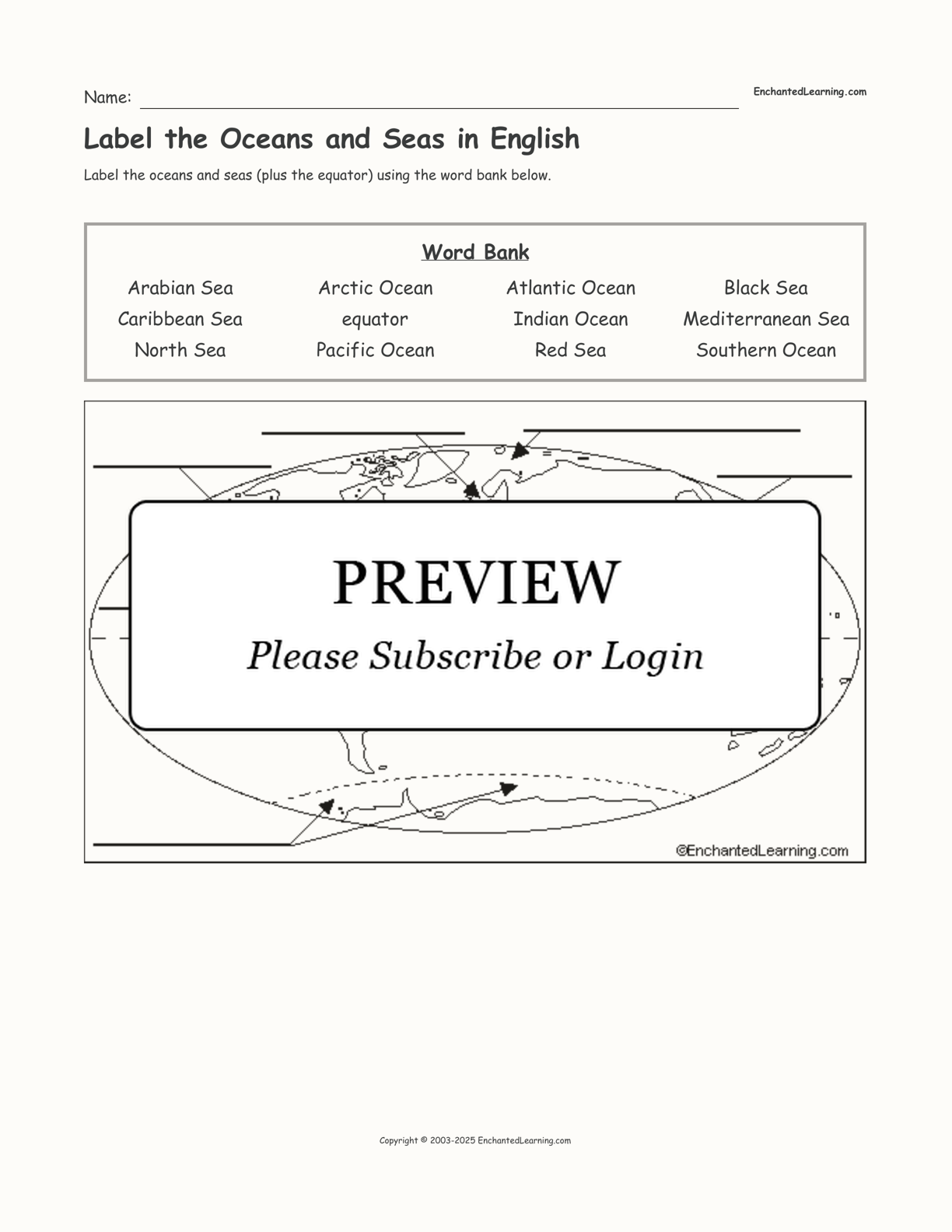 Label the Oceans and Seas in English interactive worksheet page 1