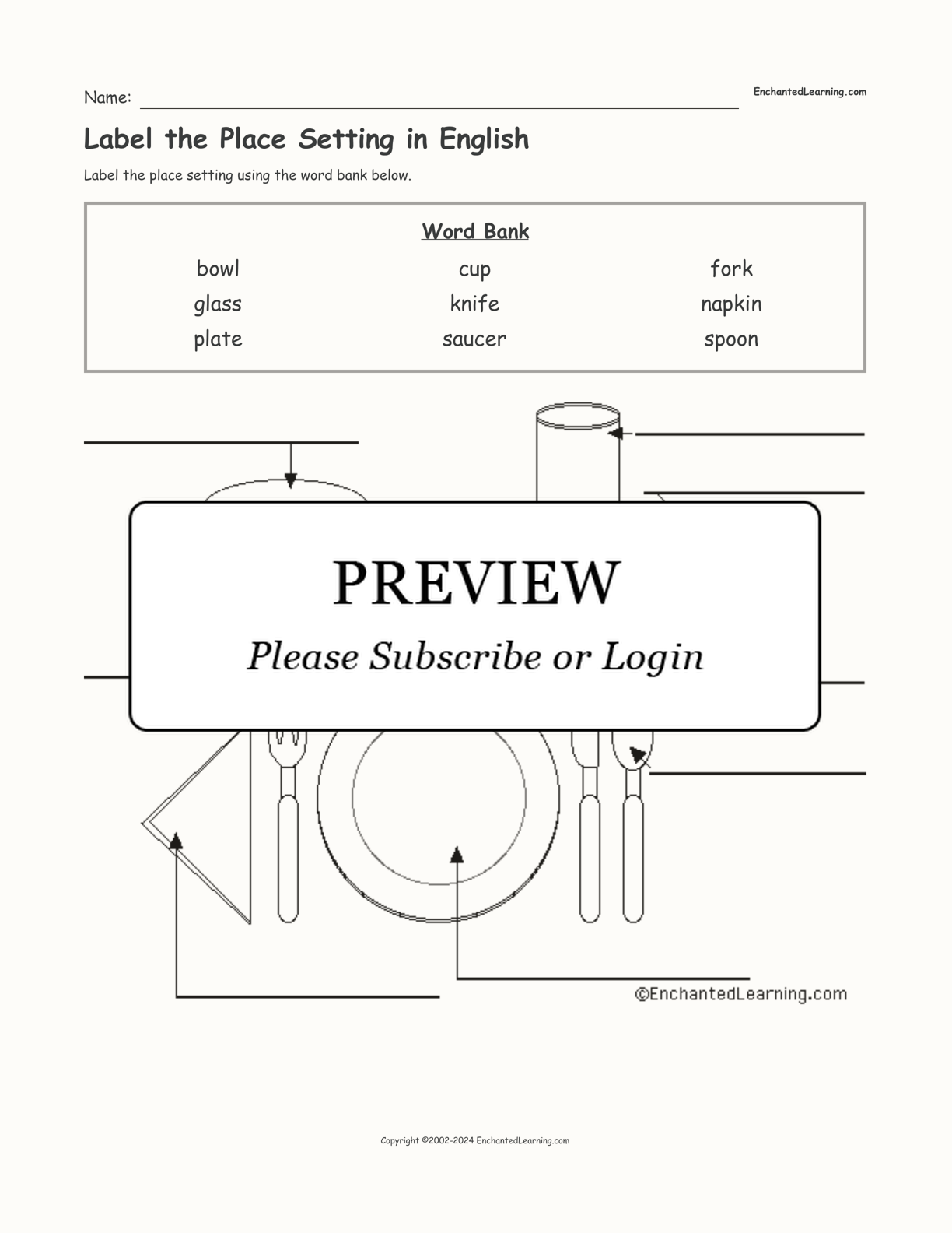 Label the Place Setting in English interactive worksheet page 1