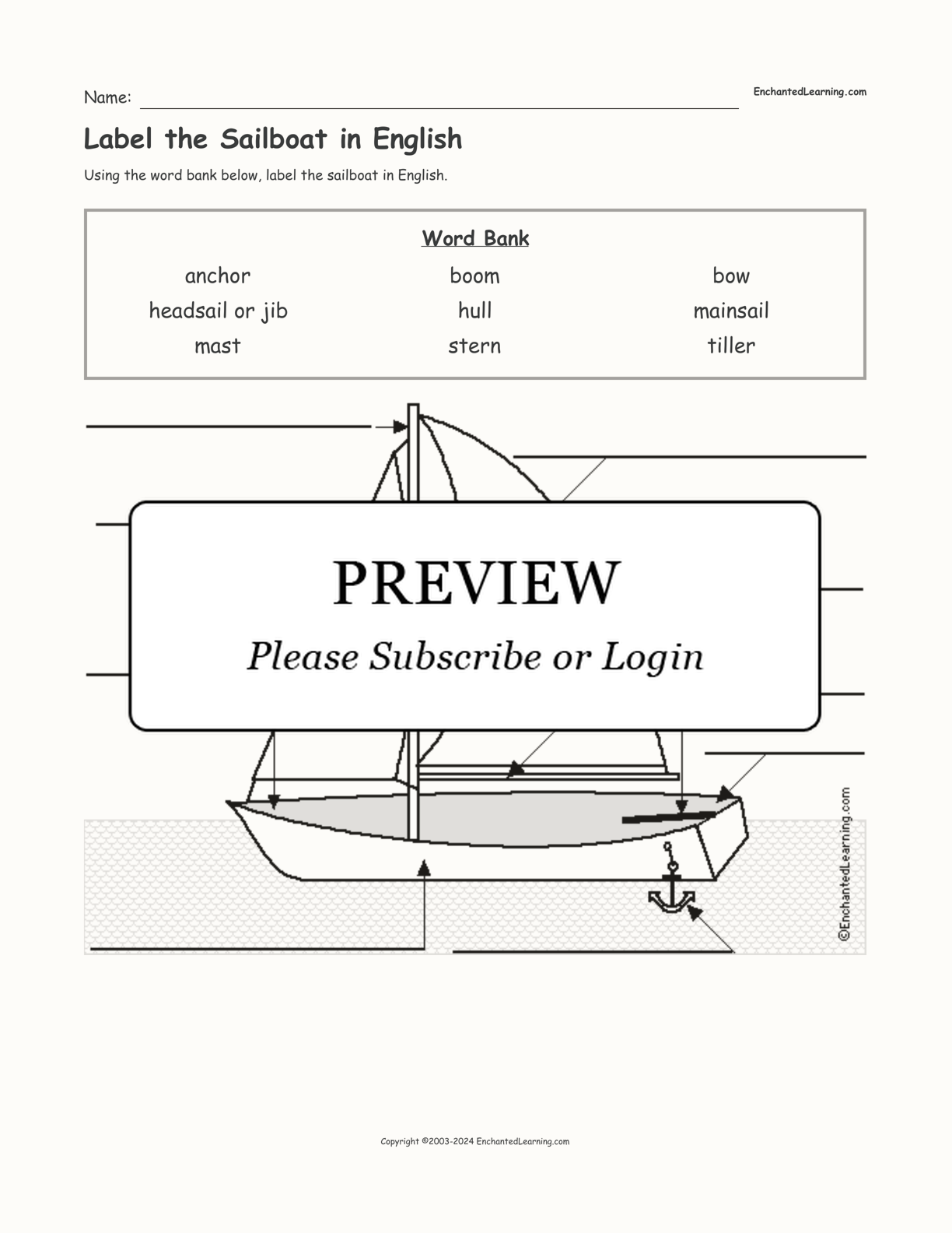 Label the Sailboat in English interactive worksheet page 1