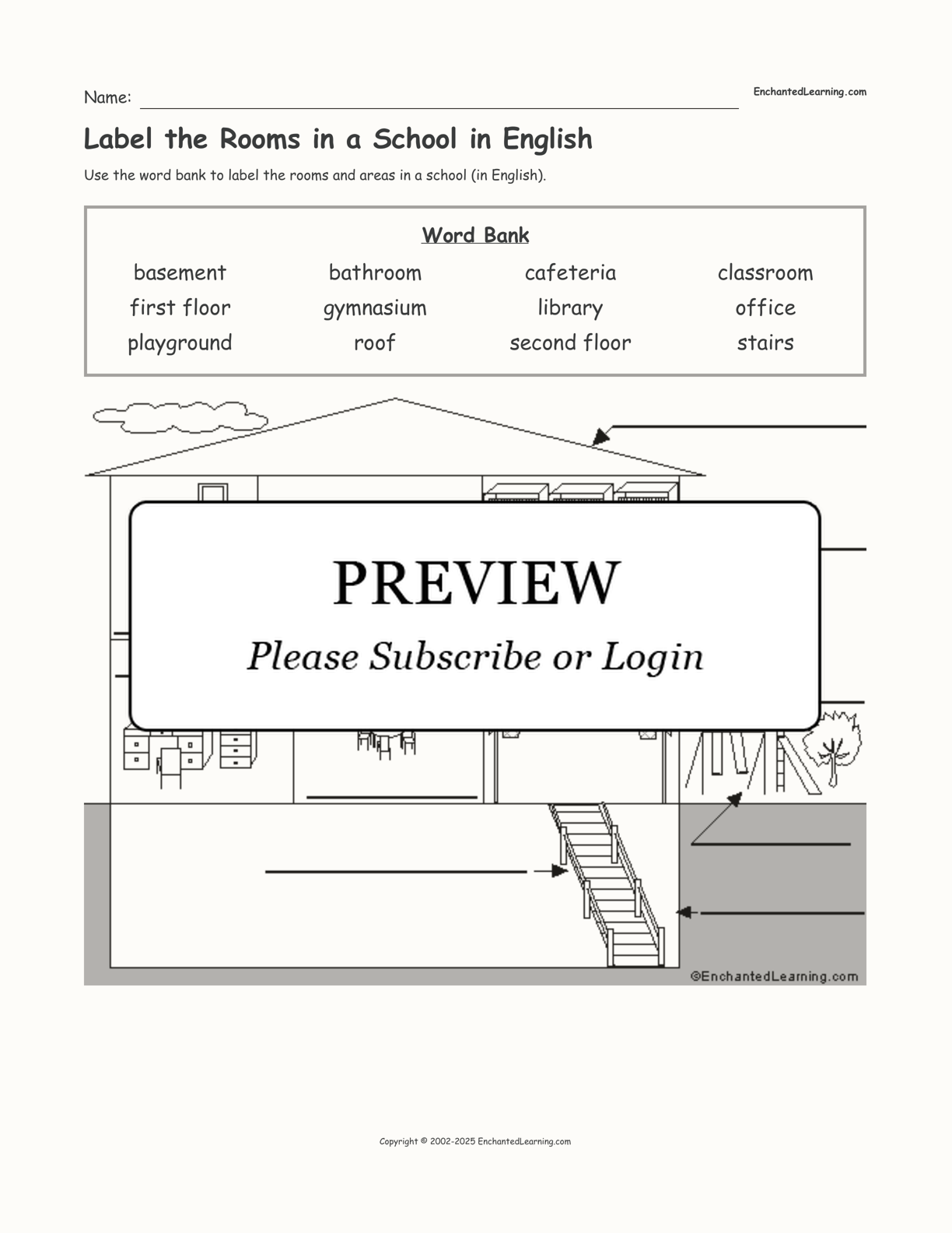 Label the Rooms in a School in English interactive worksheet page 1