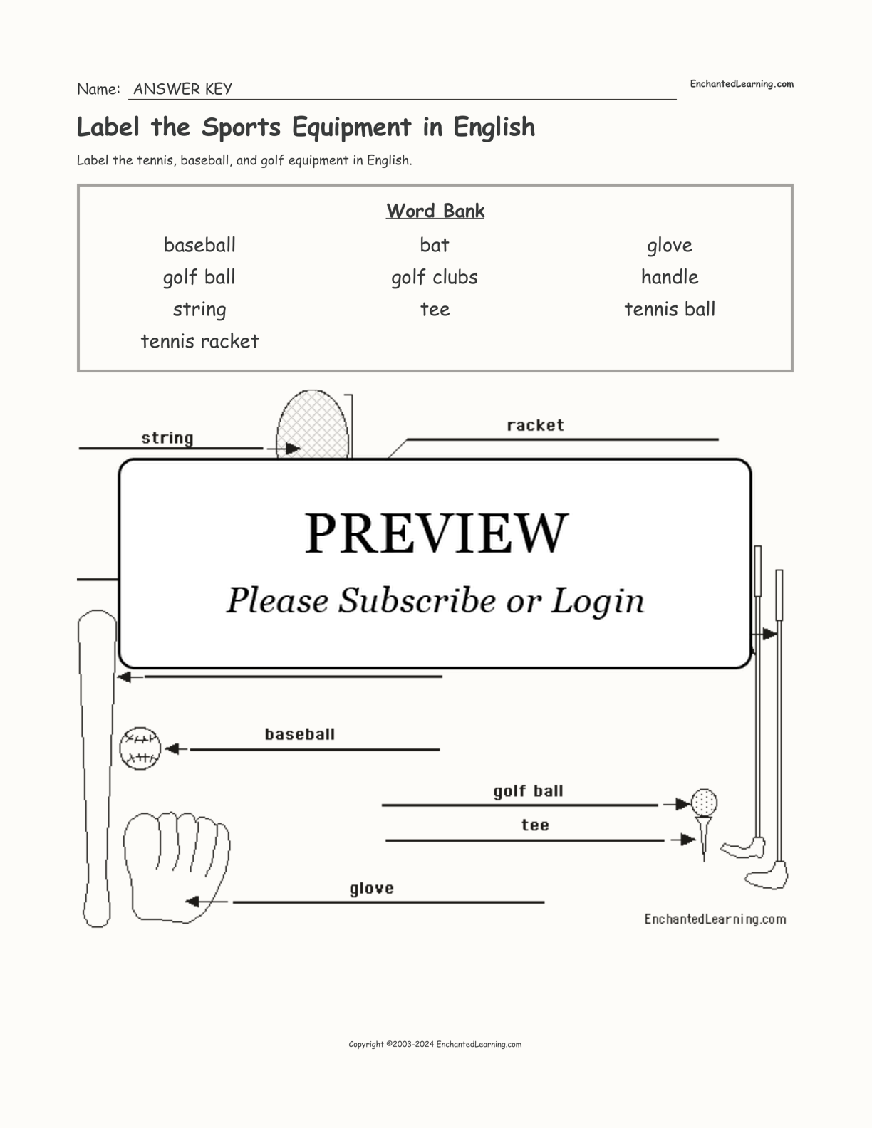 Label the Sports Equipment in English interactive worksheet page 2