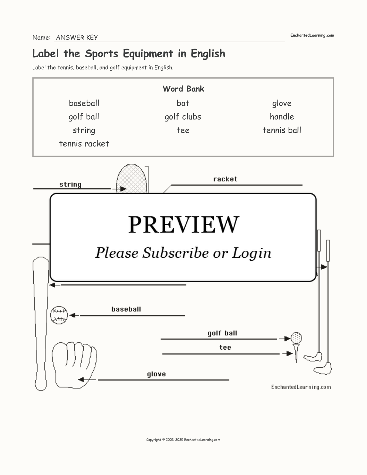 label the sports equipment in english enchanted learning