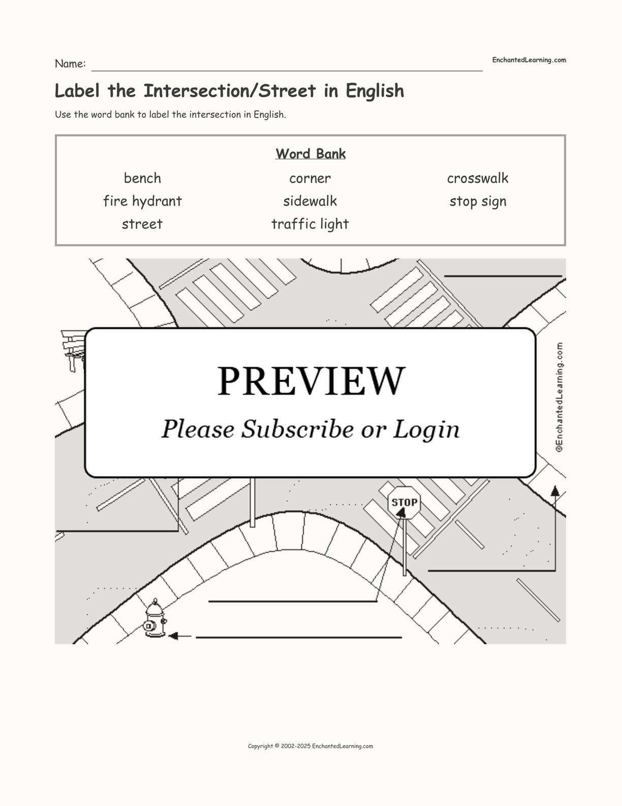 Label the Intersection/Street in English interactive worksheet page 1