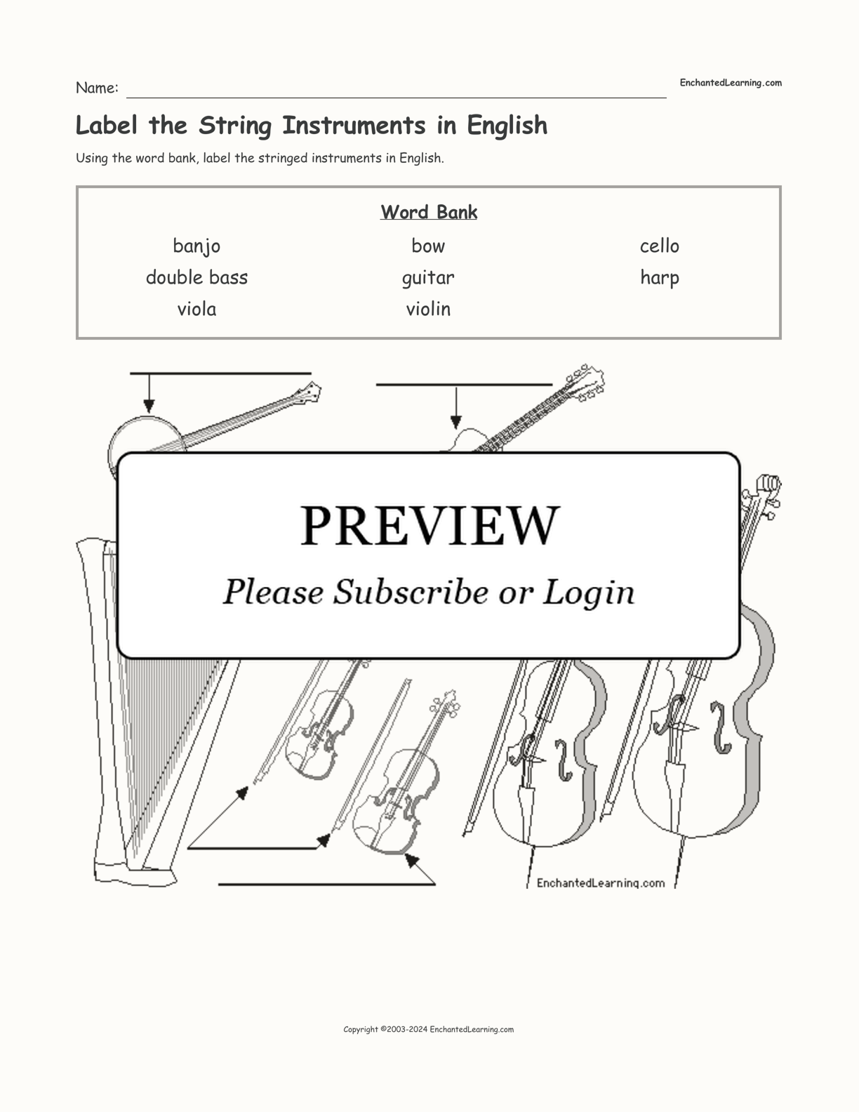 Label the String Instruments in English - Enchanted Learning