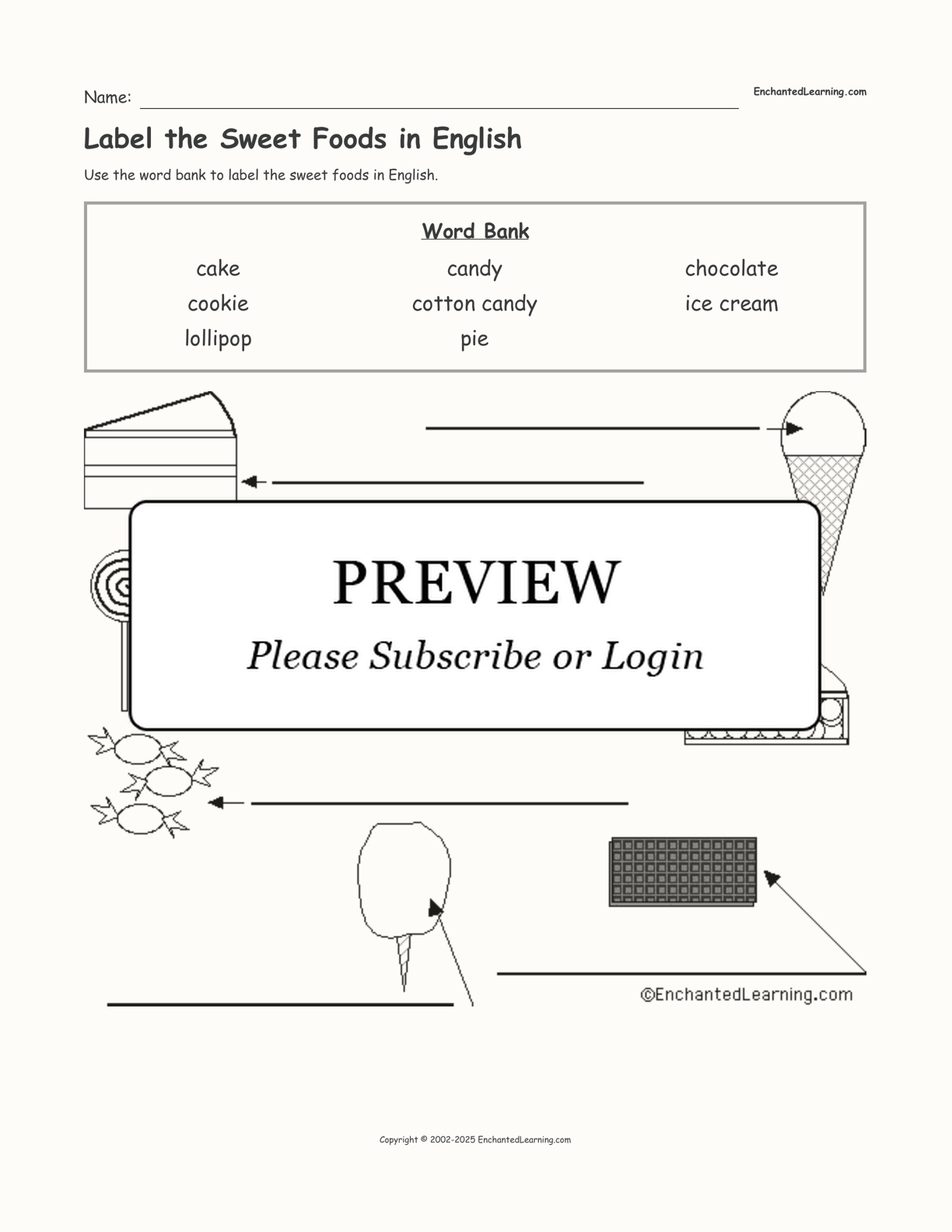 Label the Sweet Foods in English interactive worksheet page 1