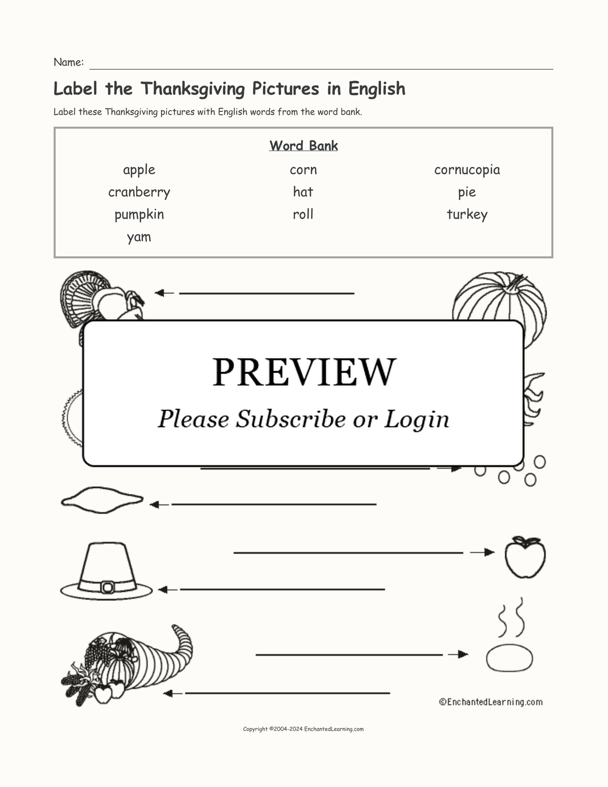 Label the Thanksgiving Pictures in English interactive worksheet page 1