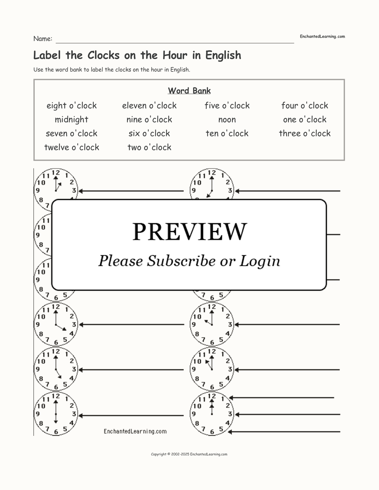 Label the Clocks on the Hour in English interactive worksheet page 1