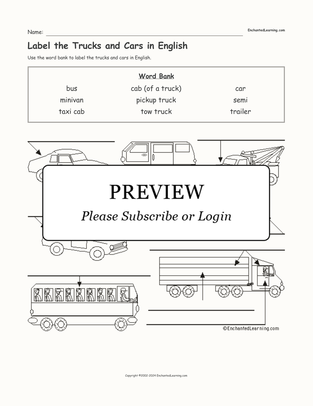 Label the Trucks and Cars in English interactive worksheet page 1