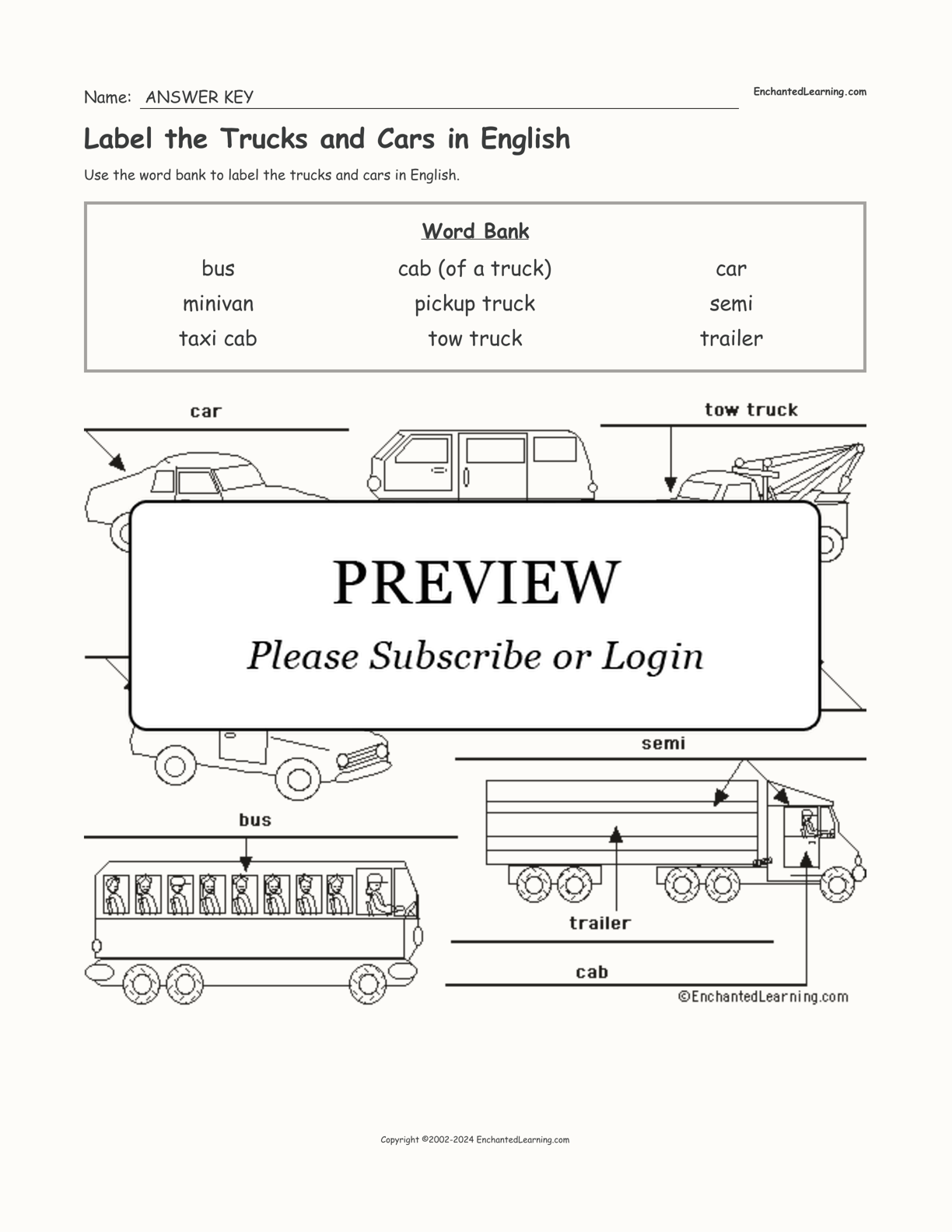 Label the Trucks and Cars in English interactive worksheet page 2