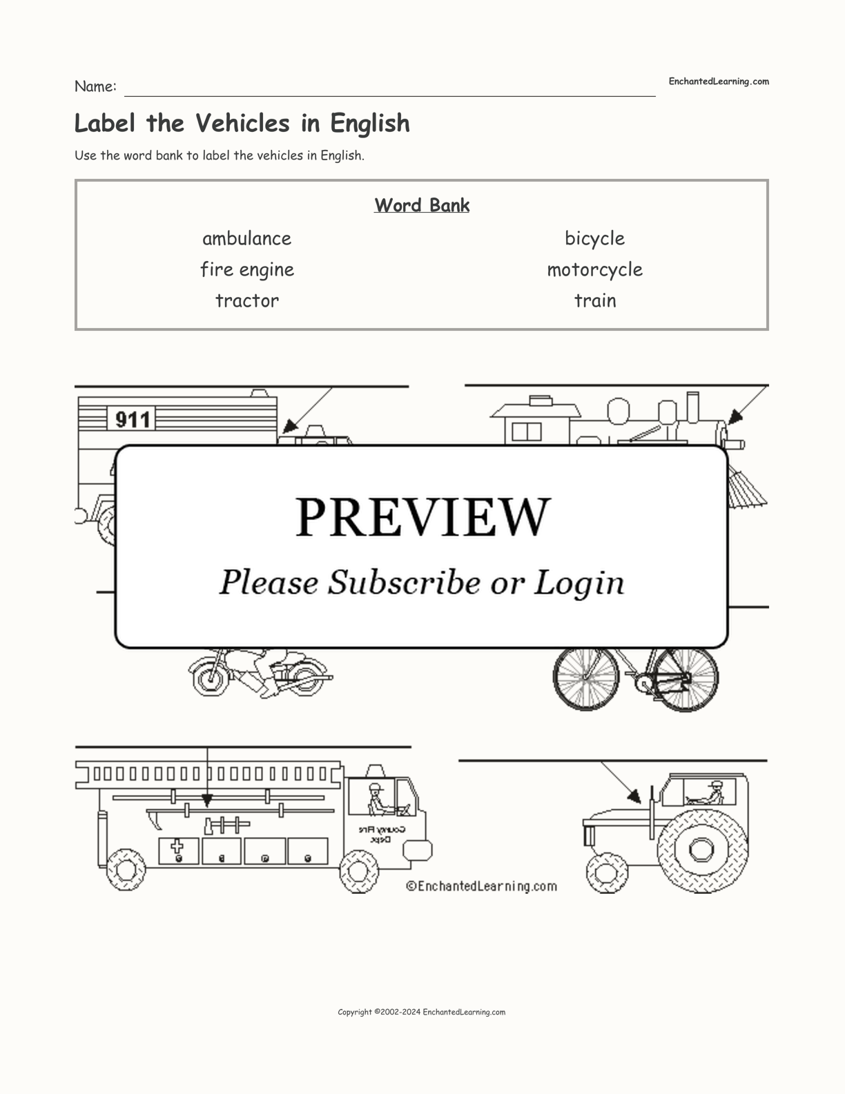 Label the Vehicles in English interactive worksheet page 1