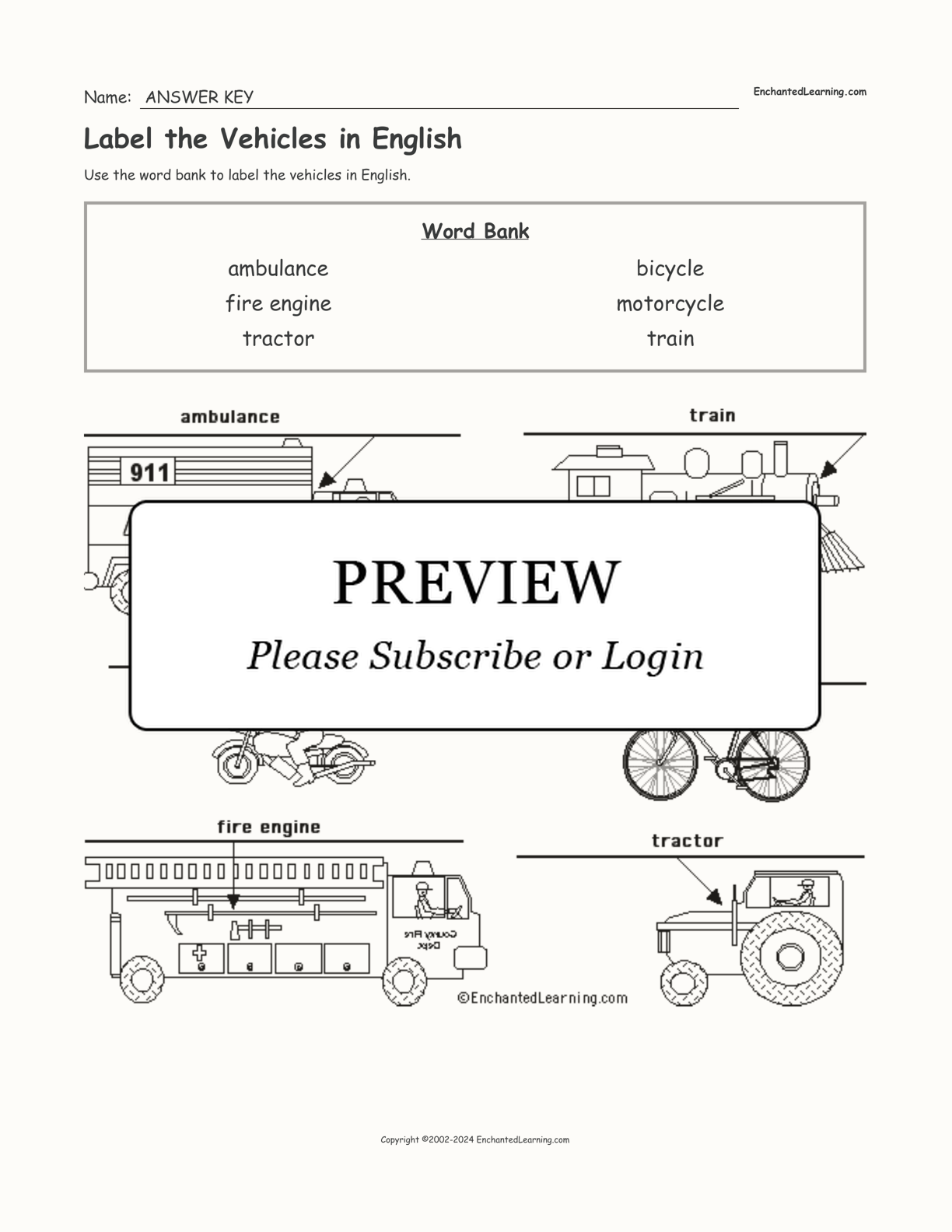 Label the Vehicles in English interactive worksheet page 2