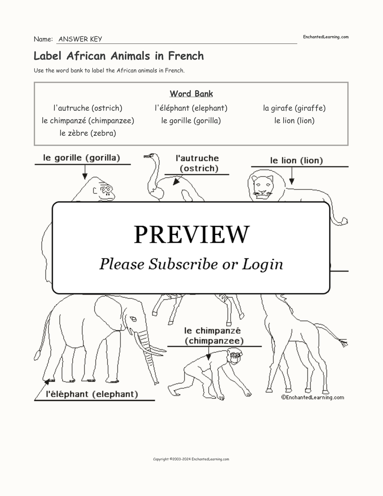 Label African Animals in French interactive worksheet page 2