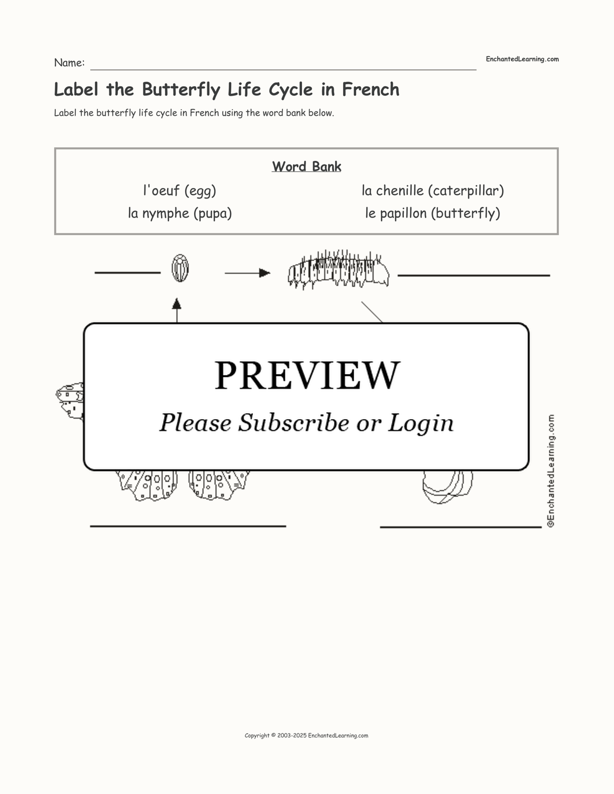 Label the Butterfly Life Cycle in French interactive worksheet page 1