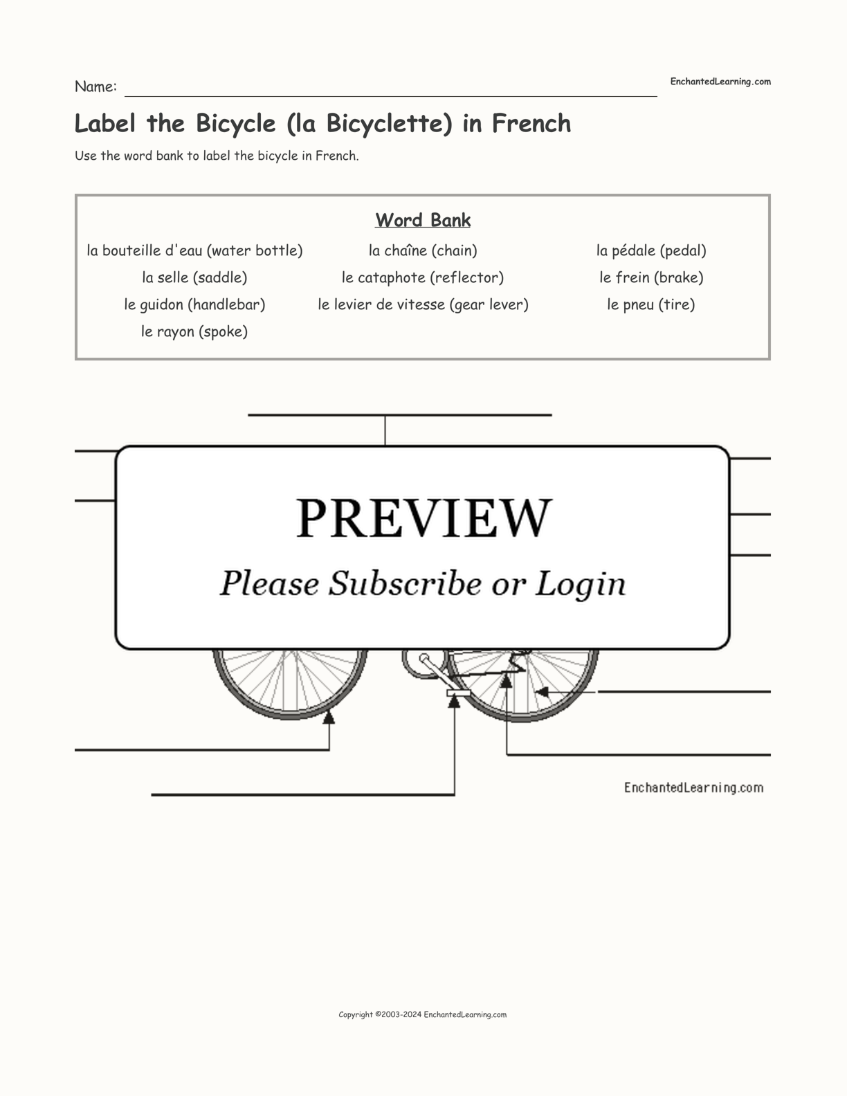 Label the Bicycle (la Bicyclette) in French interactive worksheet page 1