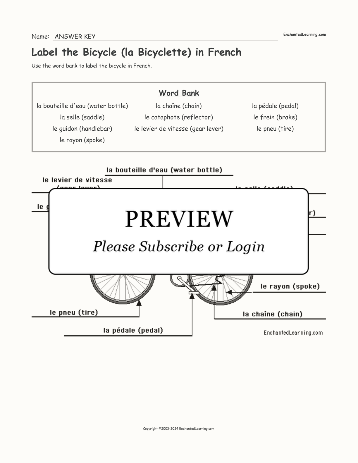 Label the Bicycle (la Bicyclette) in French interactive worksheet page 2