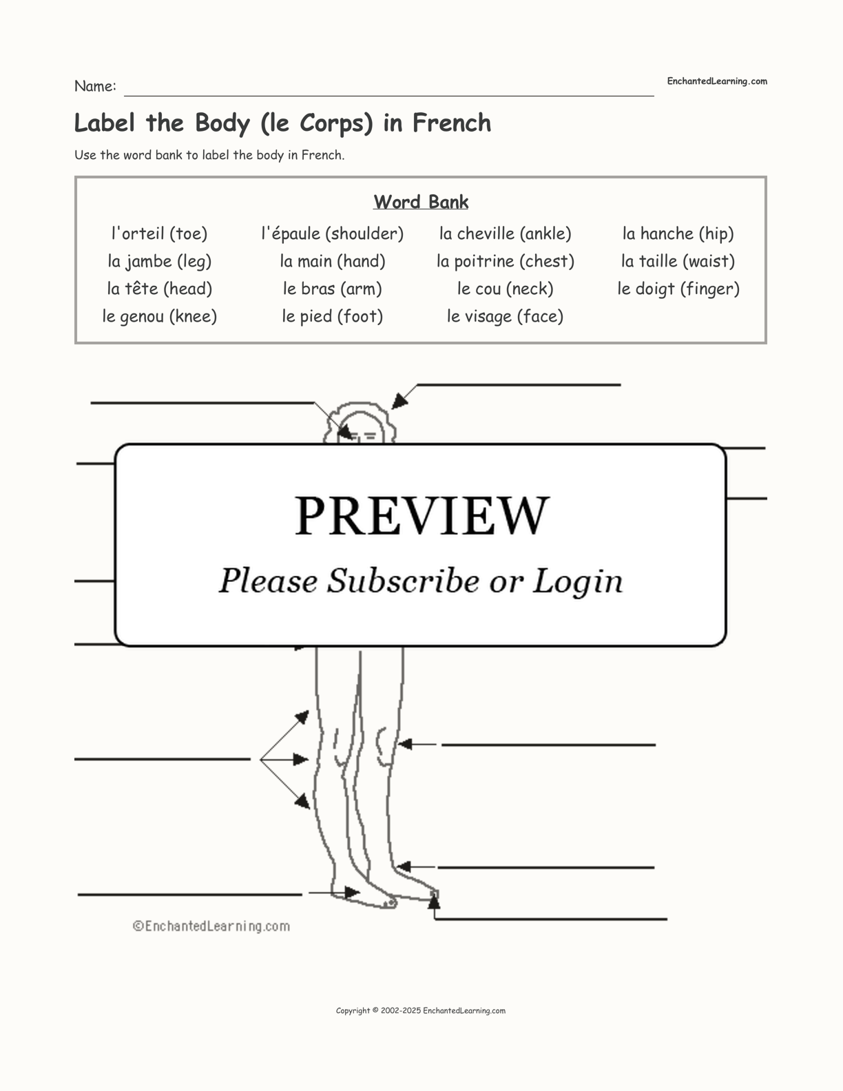 Label the Body (le Corps) in French interactive worksheet page 1