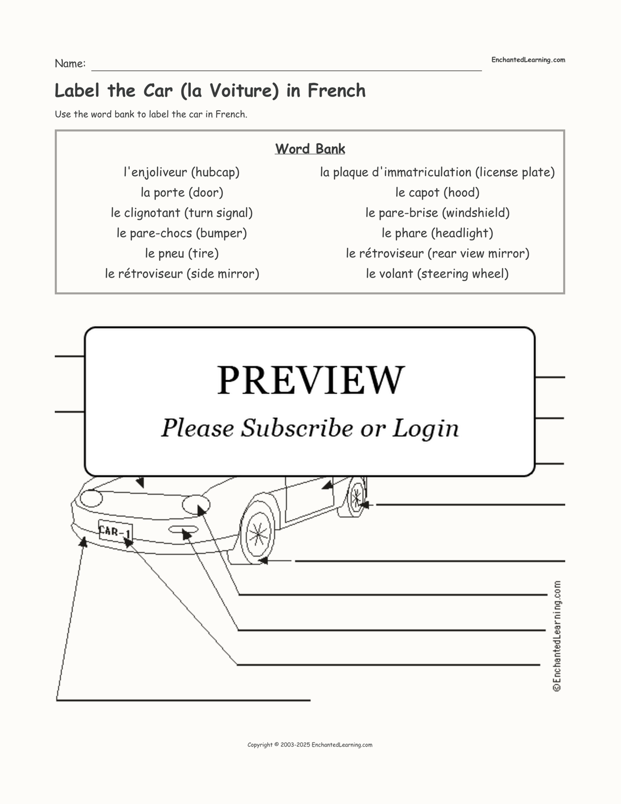 Label the Car (la Voiture) in French interactive worksheet page 1