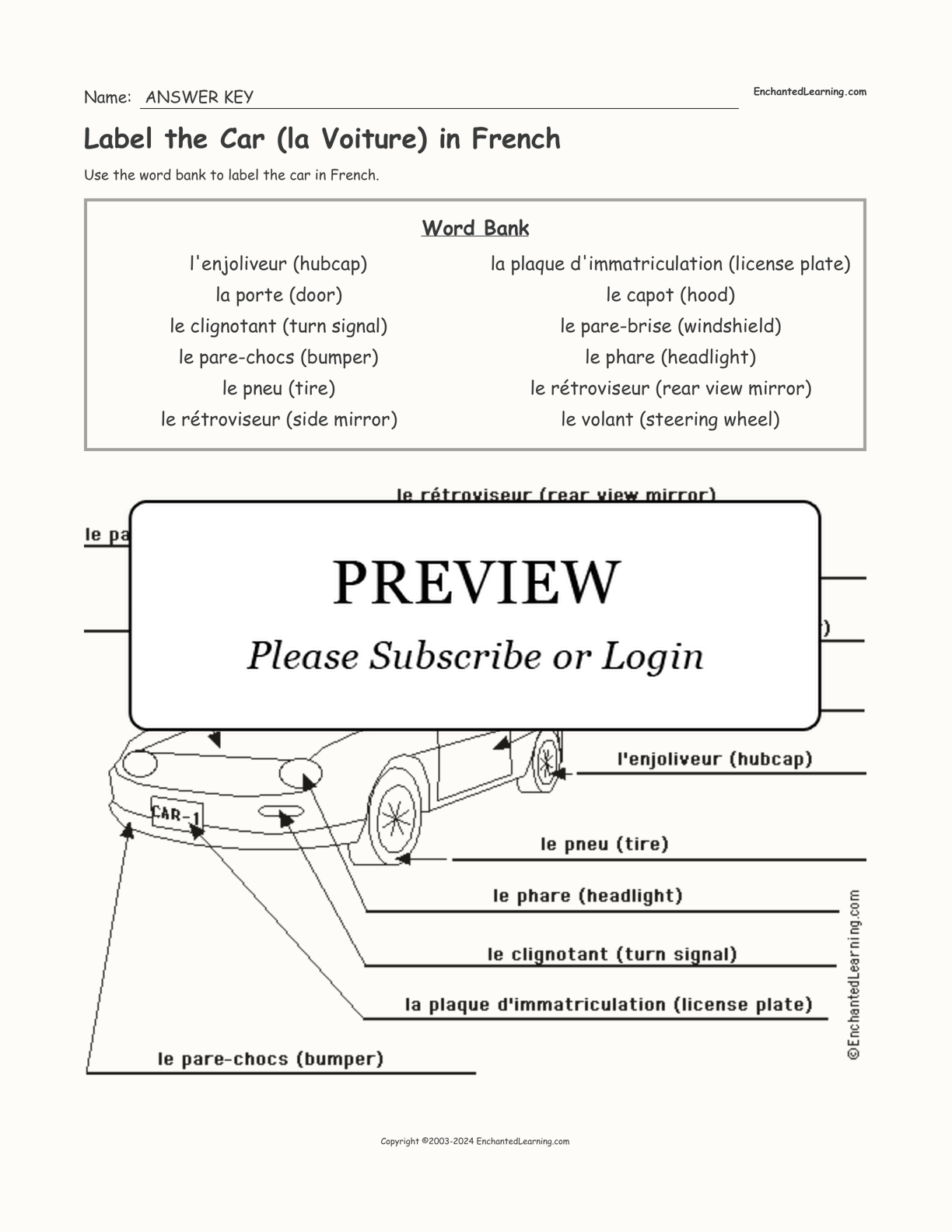Label the Car (la Voiture) in French interactive worksheet page 2