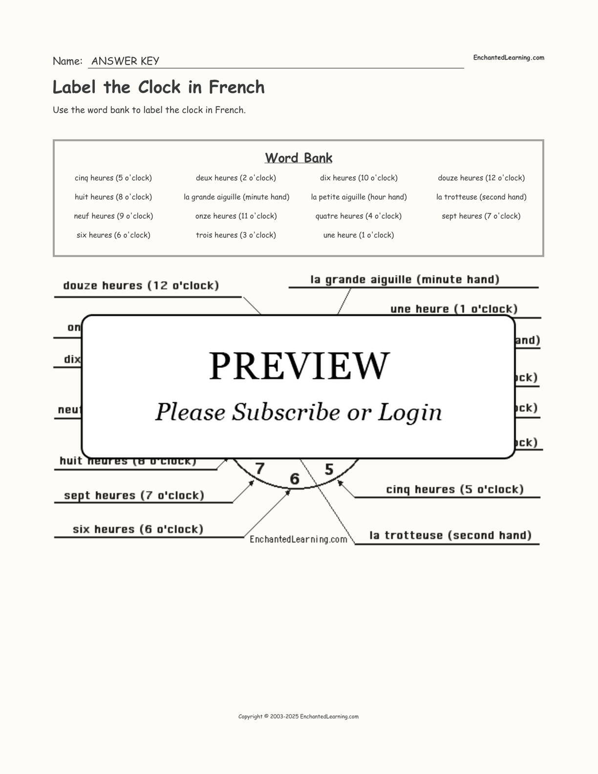 Label the Clock in French interactive worksheet page 2