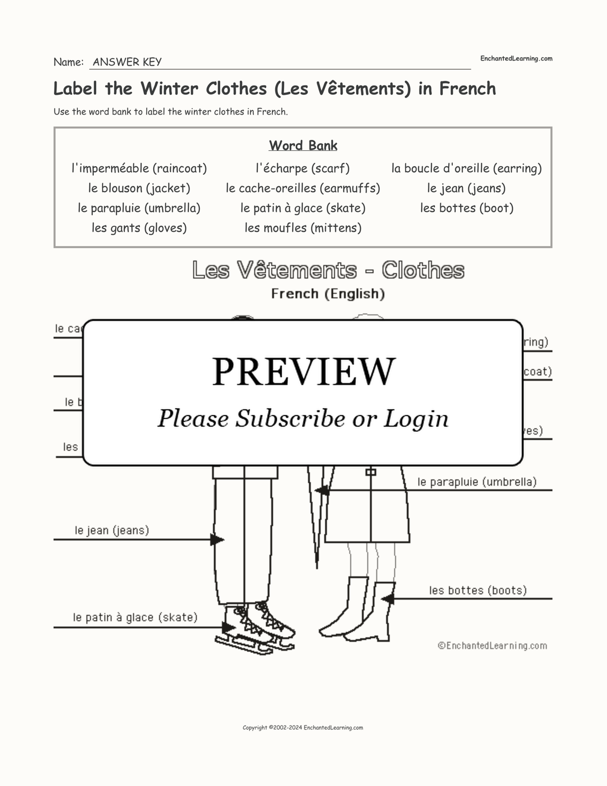 Label the Winter Clothes (Les Vêtements) in French interactive worksheet page 2
