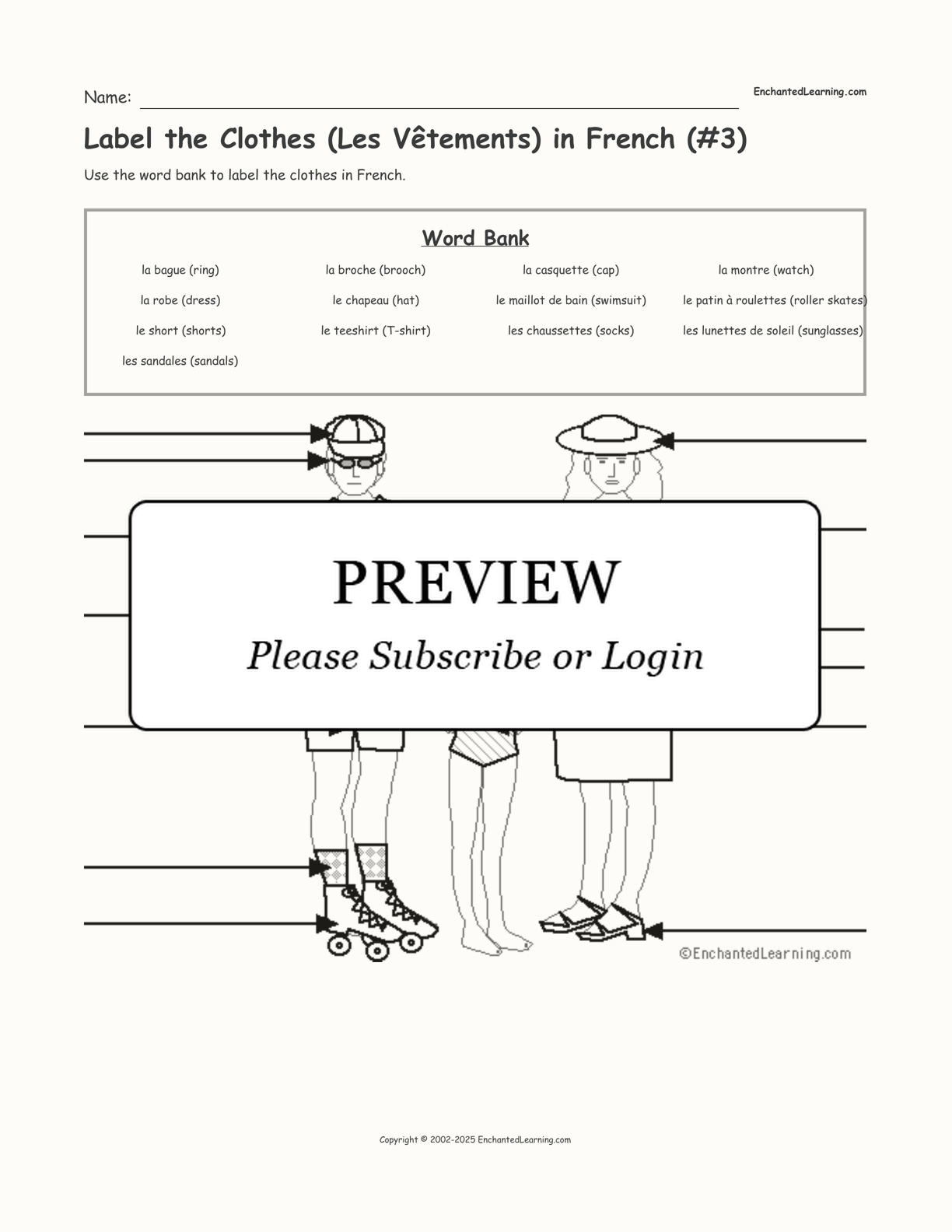 Label the Clothes (Les Vêtements) in French (#3) interactive worksheet page 1