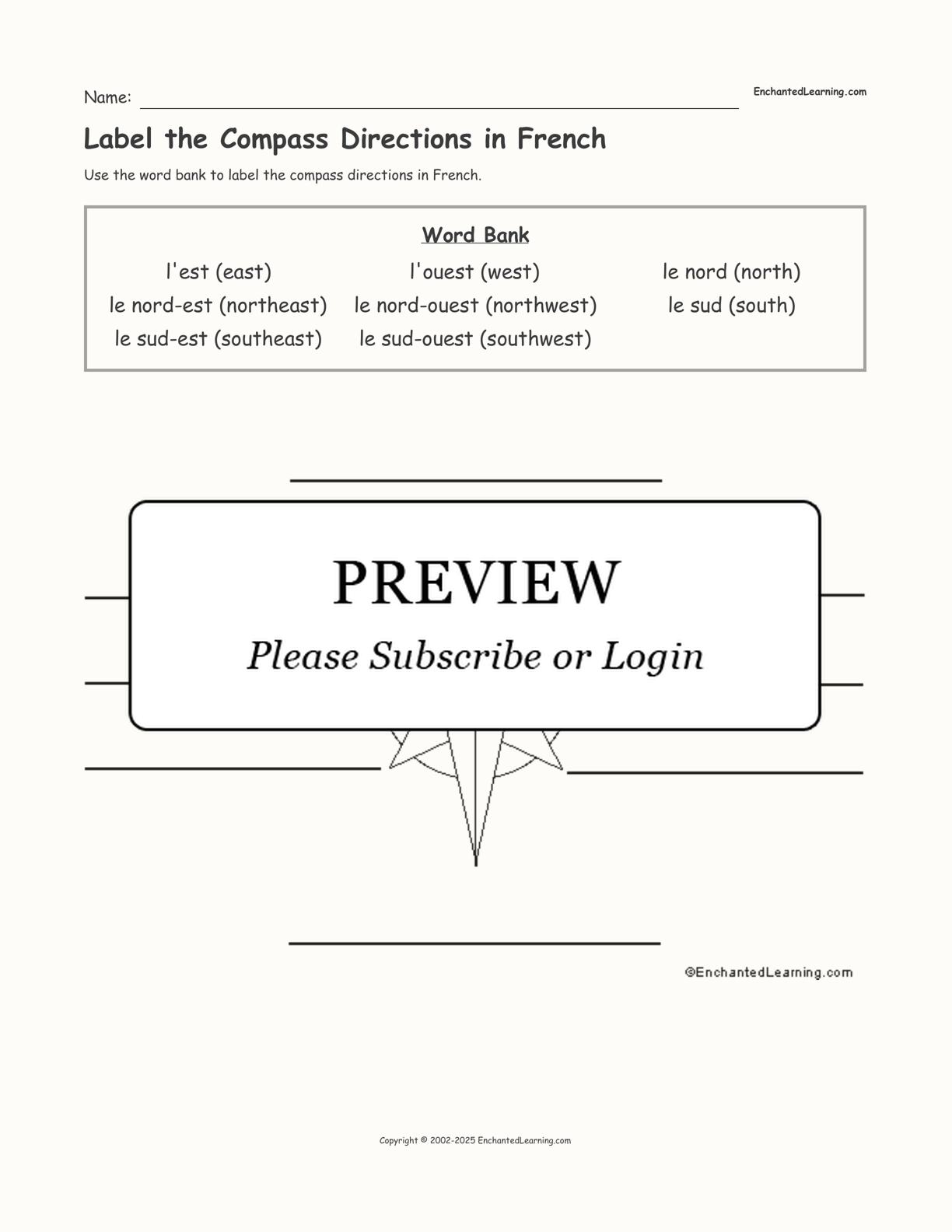 Label the Compass Directions in French interactive worksheet page 1