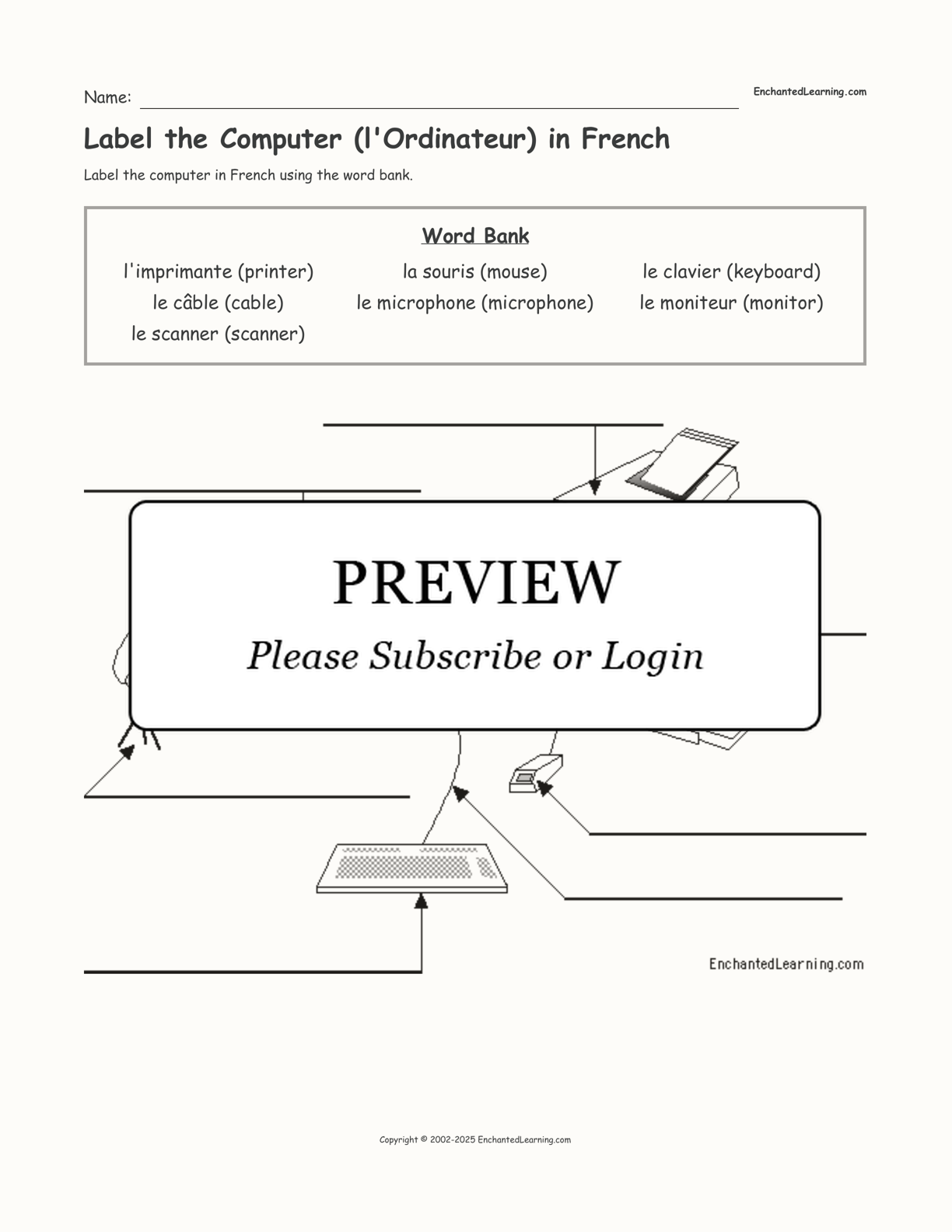 Label the Computer (l'Ordinateur) in French interactive worksheet page 1