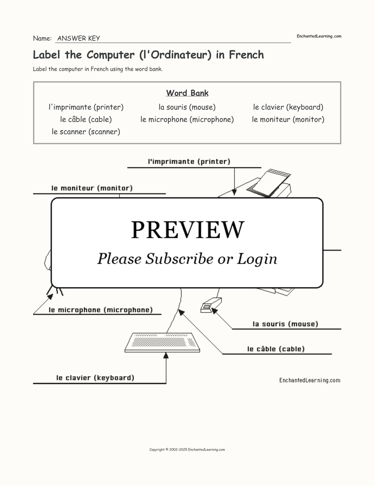 Label the Computer (l'Ordinateur) in French interactive worksheet page 2