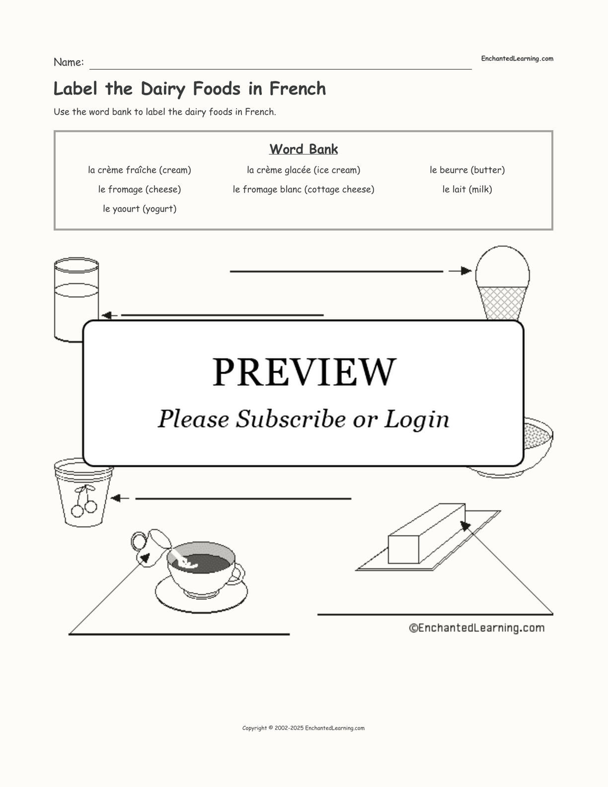 Label the Dairy Foods in French interactive worksheet page 1