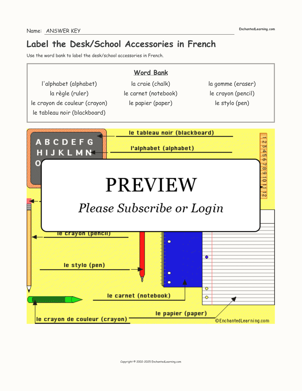 Label the Desk/School Accessories in French interactive worksheet page 2